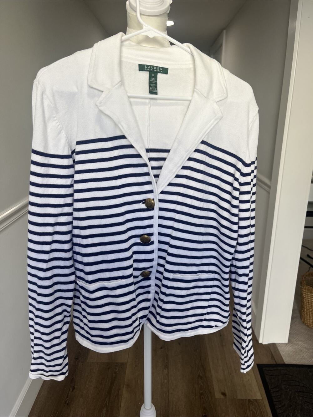 Ralph Lauren Navy Blue Striped Knit Blazer Gold Crest Buttons Sz L/XL* Preppy
